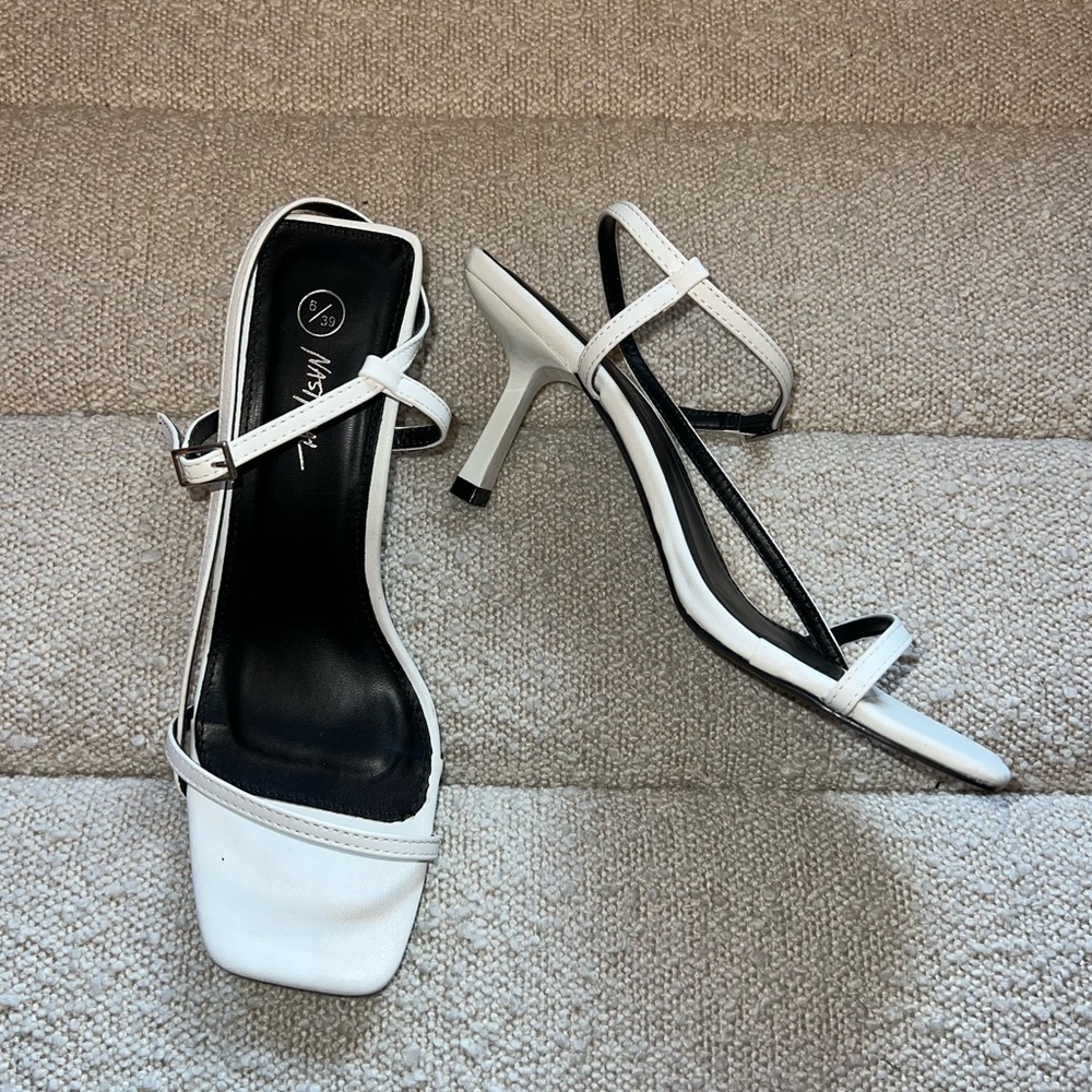White strappy square toe heels